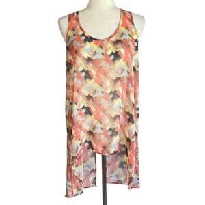 LUSH Colorful Geometric Print High Low Tank Top Tunic Size Large Sheer Casual